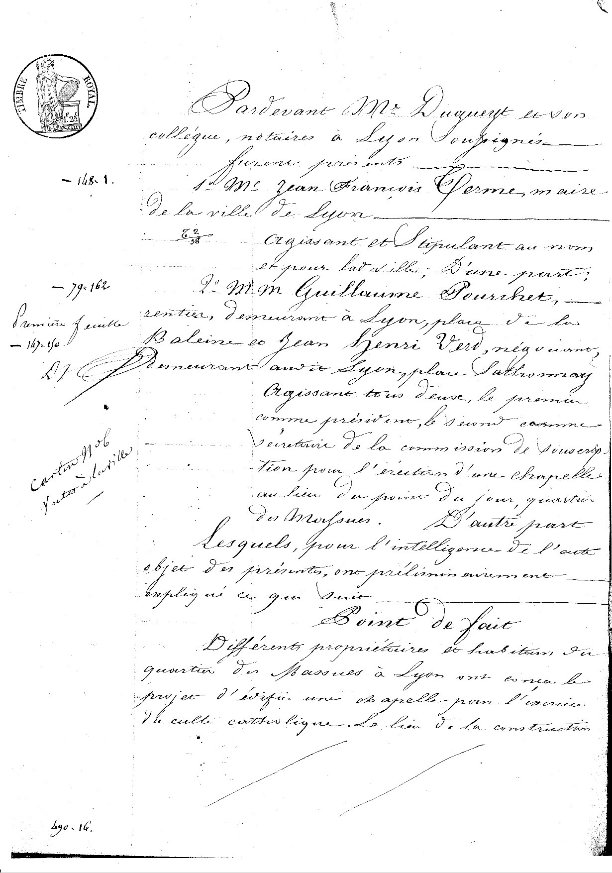 Souscription pour l'érection d'une Chapelle en 1836