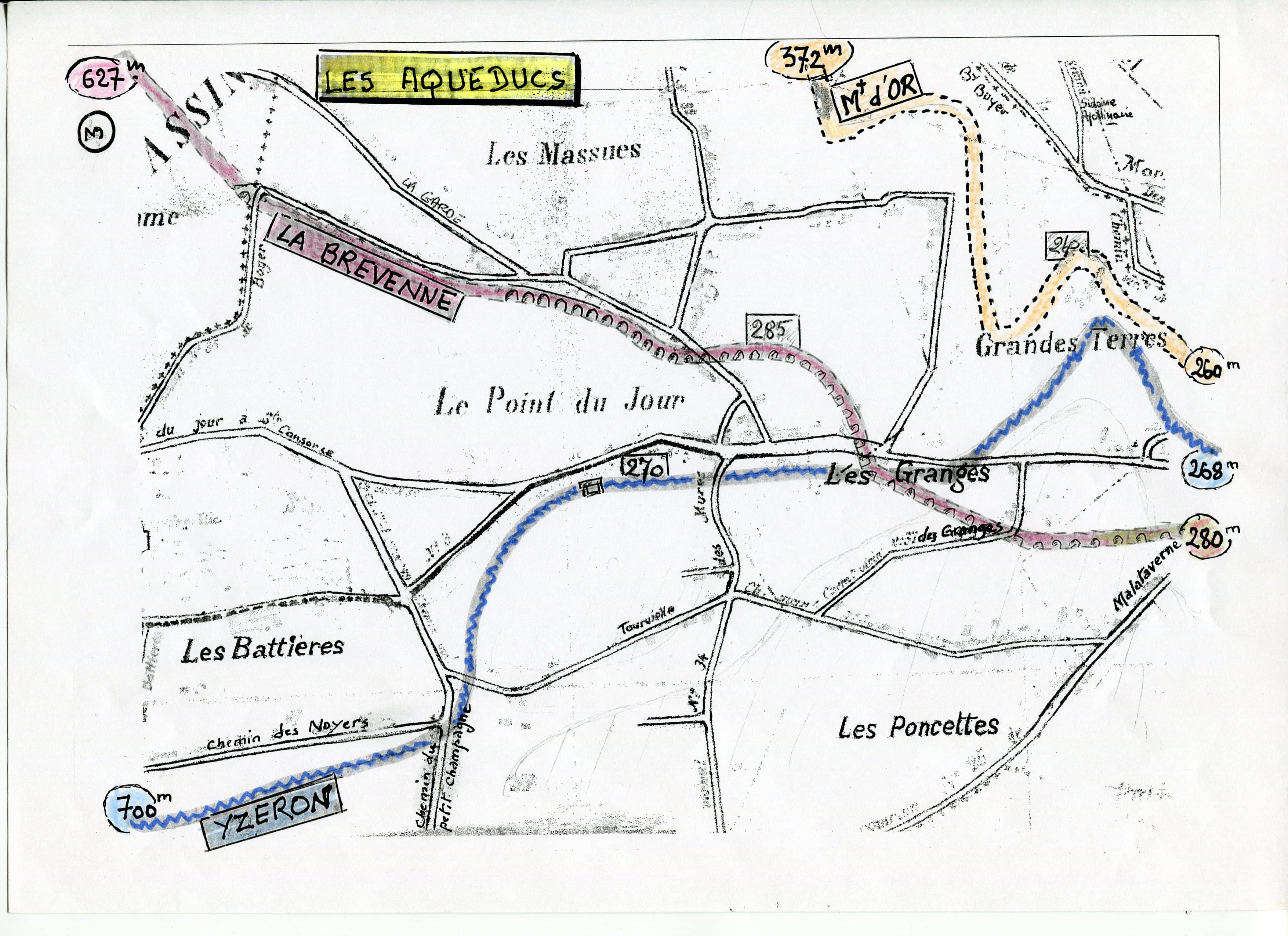Un tracé possible des trois aqueducs dans le quartier du Point-du -Jour illustré par Jean Debize en 2002 (ARHOLY).