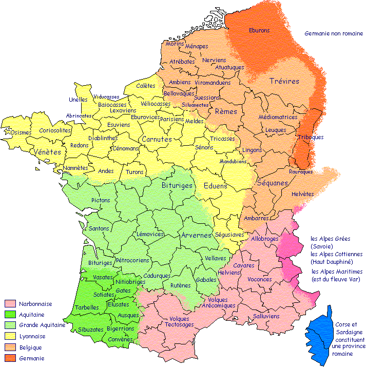 Carte des peuples Gaulois et des "Trois Gaules" déterminées par César suite à la conquête Carte des peuples Gaulois et des "Trois Gaules" déterminées par César suite à la conquête