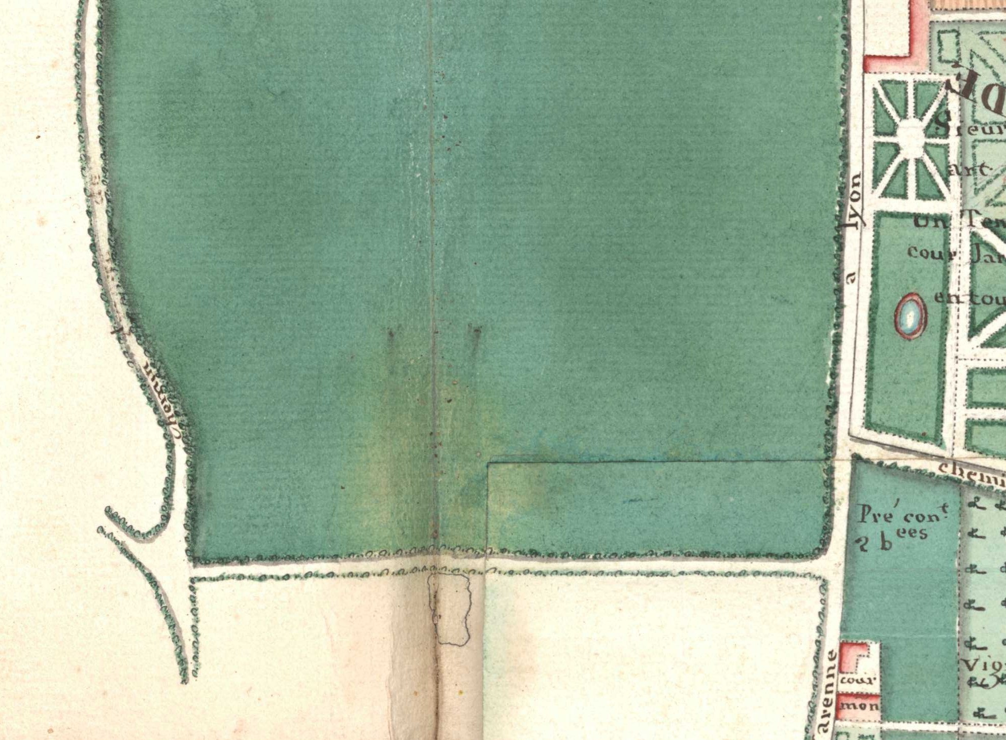 Détail d'une carte terriste de 1730 montrant l'emplacement d'une pièce d'eau le long du chemin de l'Etang sur la paroisse de Tassin (ADMR 1J1699) Détail d'une carte terriste de 1730 montrant l'emplacement d'une pièce d'eau le long du chemin de l'Etang sur la paroisse de Tassin (ADMR 1J1699)