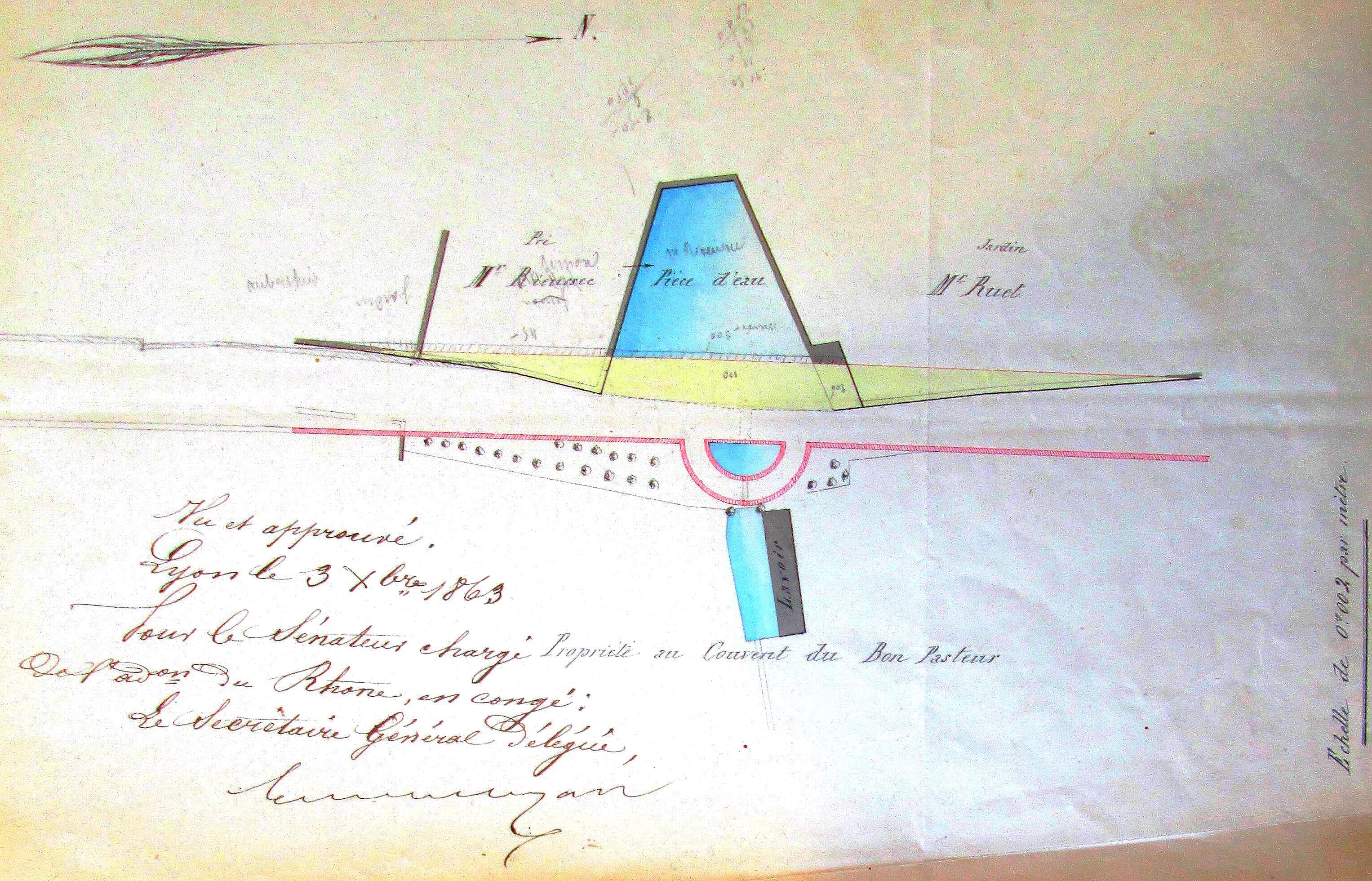 Plan du lavoir en 1863 dans la propriété du couvent du Bon Pasteur et la pièce d'eau de l'autre côté du chemin de l'Etang (AML 938WP25). Plan du lavoir en 1863 dans la propriété du couvent du Bon Pasteur et la pièce d'eau de l'autre côté du chemin de l'Etang (AML 938WP25).