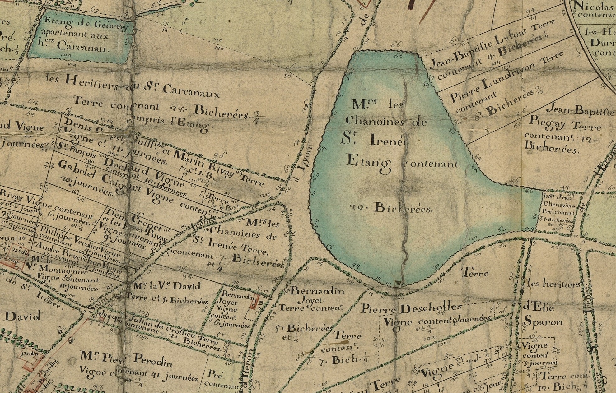 Du Moyen-age jusqu'au début du XIX° siècle, des étangs et des points d'eau occupent une large surface du territoire des Massues. L'un d'eux, l'étang des chanoines de Saint-Irénée a été aménagé pour constituer une réserve de pêche. Du Moyen-age jusqu'au début du XIX° siècle, des étangs et des points d'eau occupent une large surface du territoire des Massues. L'un d'eux, l'étang des chanoines de Saint-Irénée a été aménagé pour constituer une réserve de pêche.
