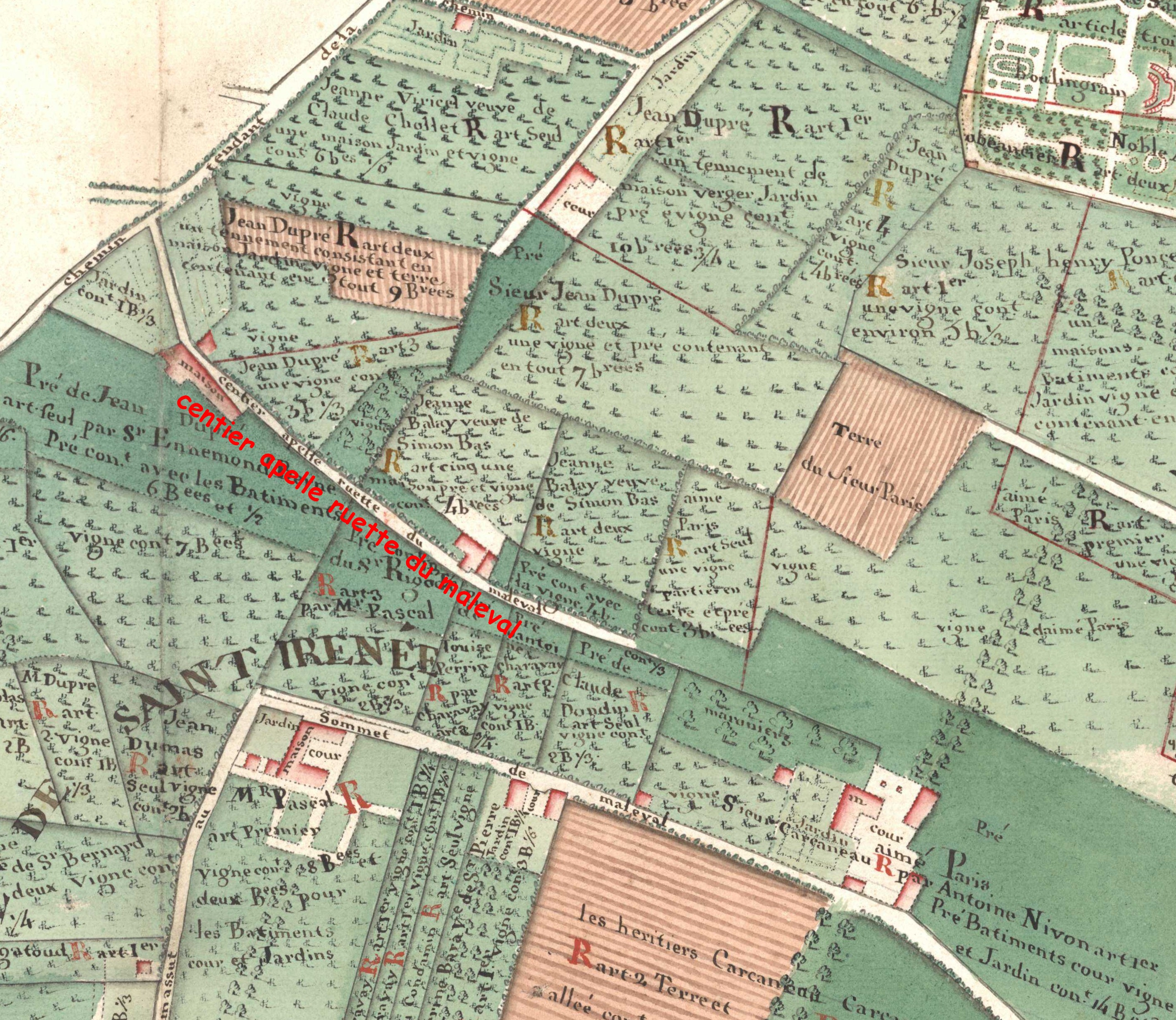 Sommet de Maleval (Malleval) et Ruette de Maleval sur un plan de 1730 Sommet de Maleval (Malleval) et Ruette de Maleval sur un plan de 1730